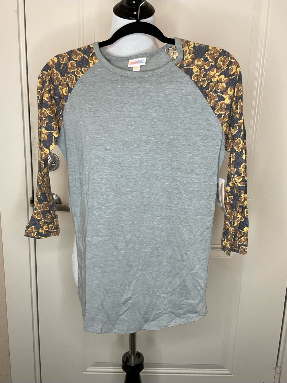 LuLaRoe Randy XXS Gray Baseball Tee with Yellow Floral Raglan Sleeves